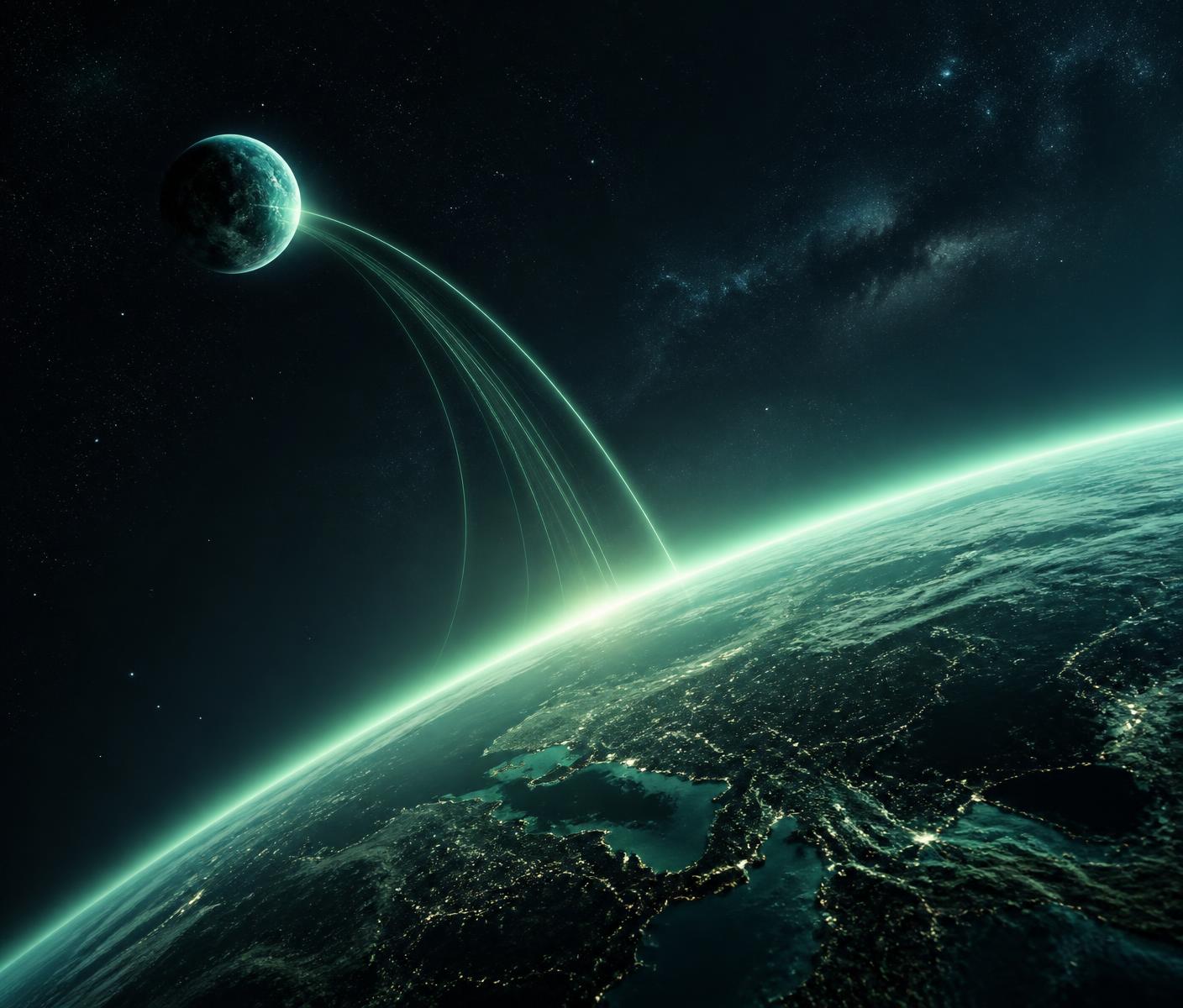Earth seen from orbit with a distant planet above it, mint light trails arcing from the far world down to Earth